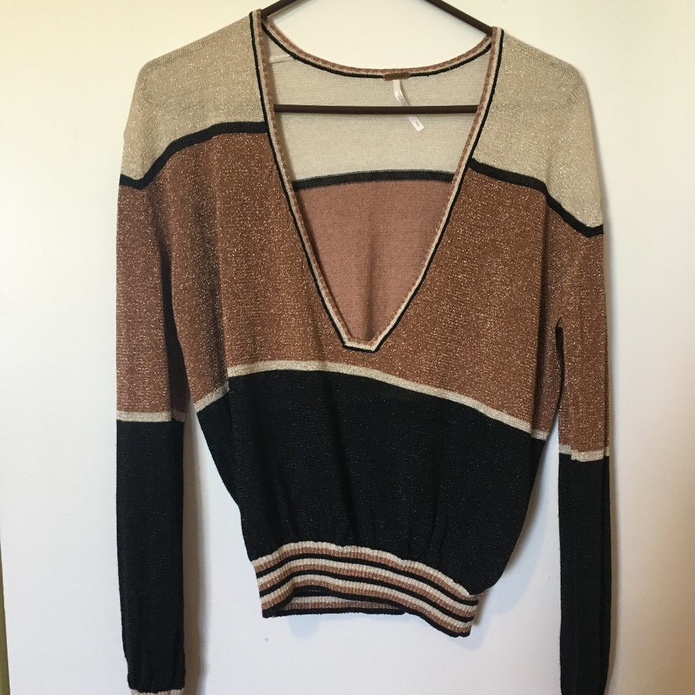 Free People Gold Dust Metallic Plunge Boho Sweater